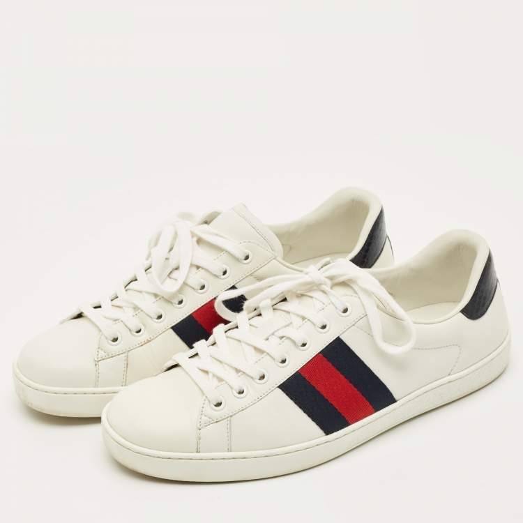 Pre Owned Gucci White Leather and Python Embossed Leather Web Ace Lace Up Sneakers Size 42.5