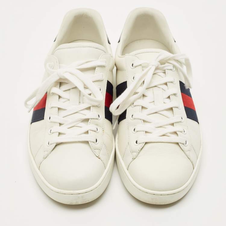 Pre Owned Gucci White Leather and Python Embossed Leather Web Ace Lace Up Sneakers Size 42.5