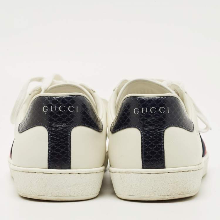 Pre Owned Gucci White Leather and Python Embossed Leather Web Ace Lace Up Sneakers Size 42.5
