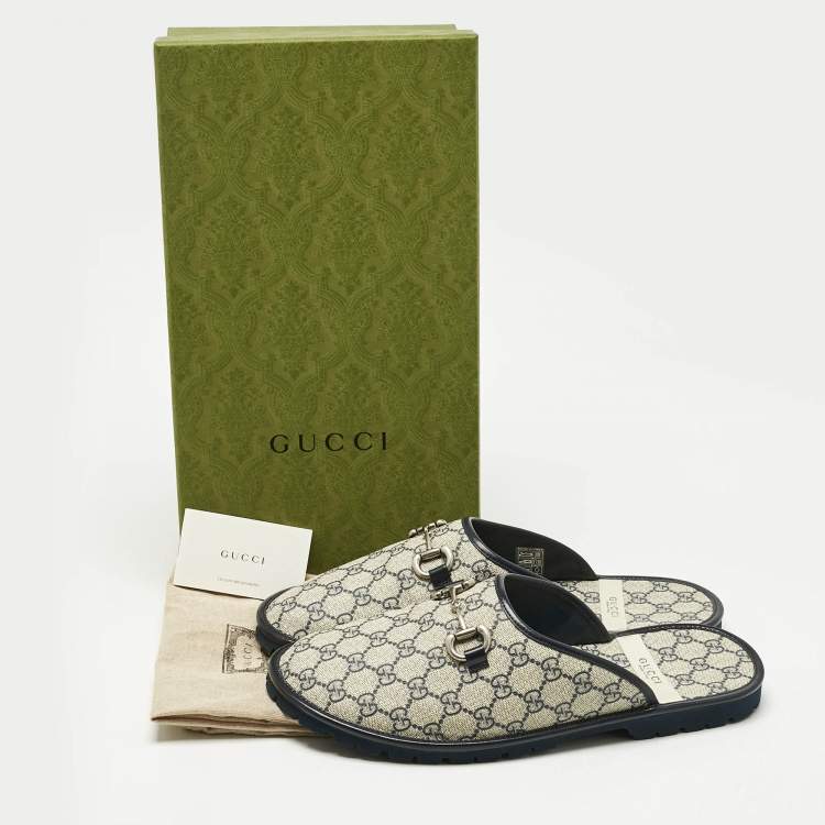 Pre Owned Gucci Beige/Navy Blue GG Supreme Canvas Horsebit Slippers Size 46