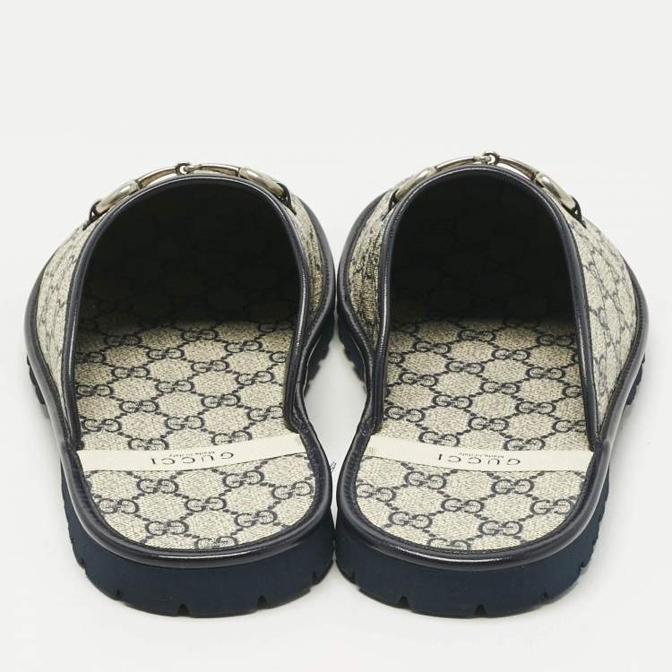 Pre Owned Gucci Beige/Navy Blue GG Supreme Canvas Horsebit Slippers Size 46