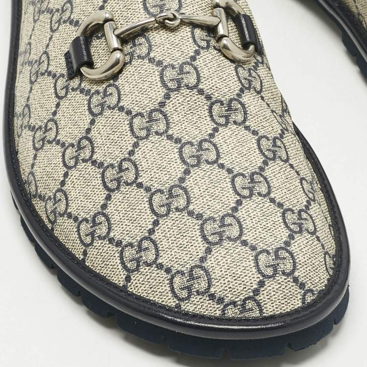 Pre Owned Gucci Beige/Navy Blue GG Supreme Canvas Horsebit Slippers Size 46