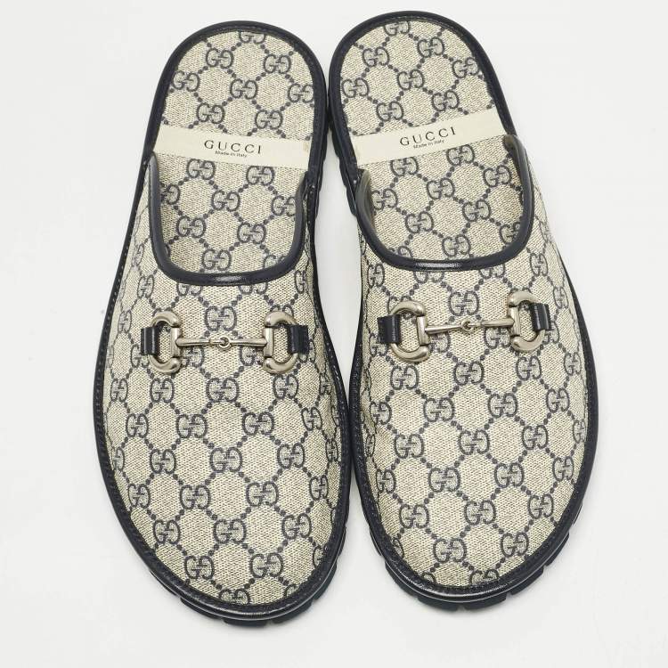 Pre Owned Gucci Beige/Navy Blue GG Supreme Canvas Horsebit Slippers Size 46