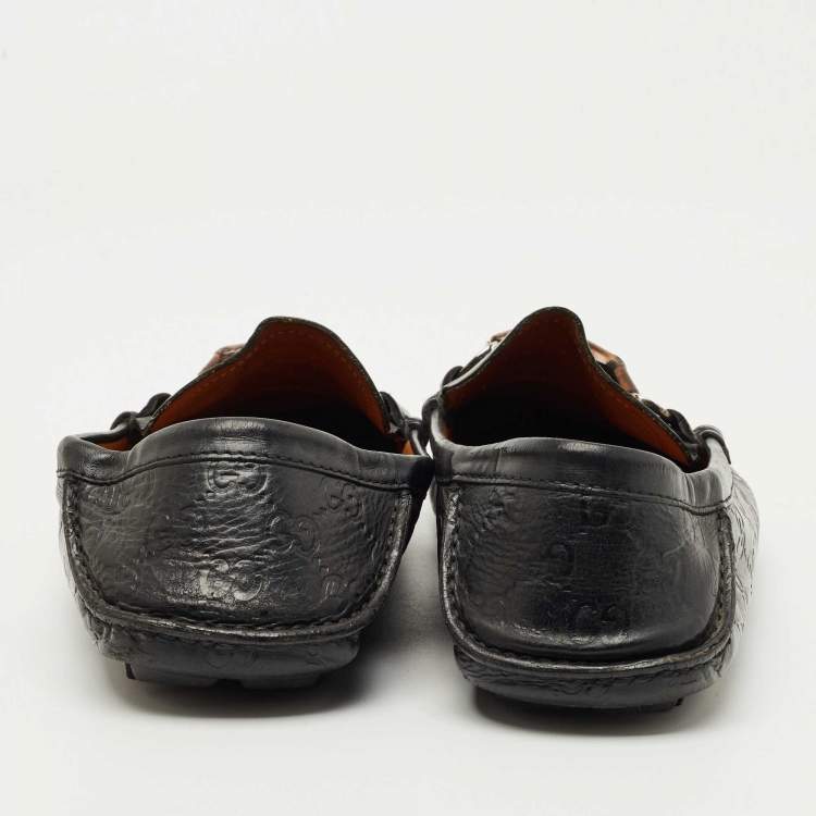 Pre Owned Gucci Black Leather Horsebit Web Detail Driver Loafers Size 45