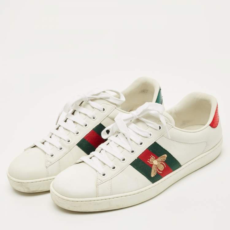 Pre Owned Gucci White Leather and Python Embossed Leather Web Ace Lace Up Sneakers Size 43
