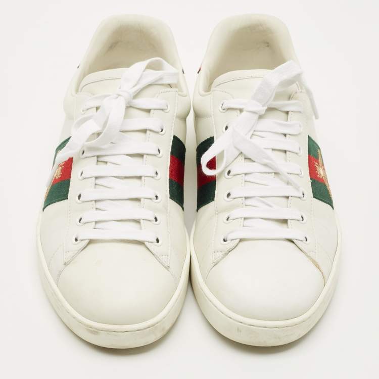 Pre Owned Gucci White Leather and Python Embossed Leather Web Ace Lace Up Sneakers Size 43