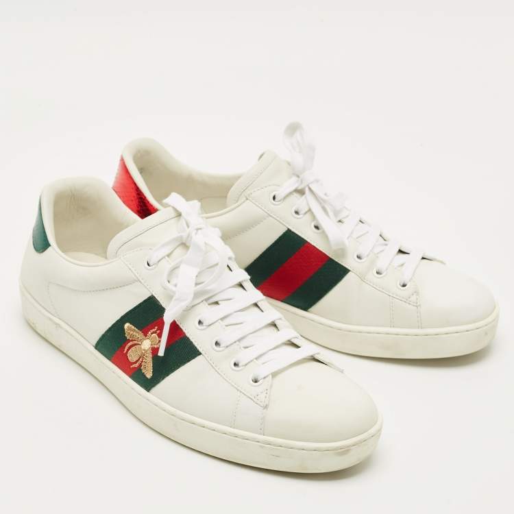 Pre Owned Gucci White Leather and Python Embossed Leather Web Ace Lace Up Sneakers Size 43