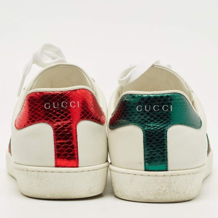 Pre Owned Gucci White Leather and Python Embossed Leather Web Ace Lace Up Sneakers Size 43