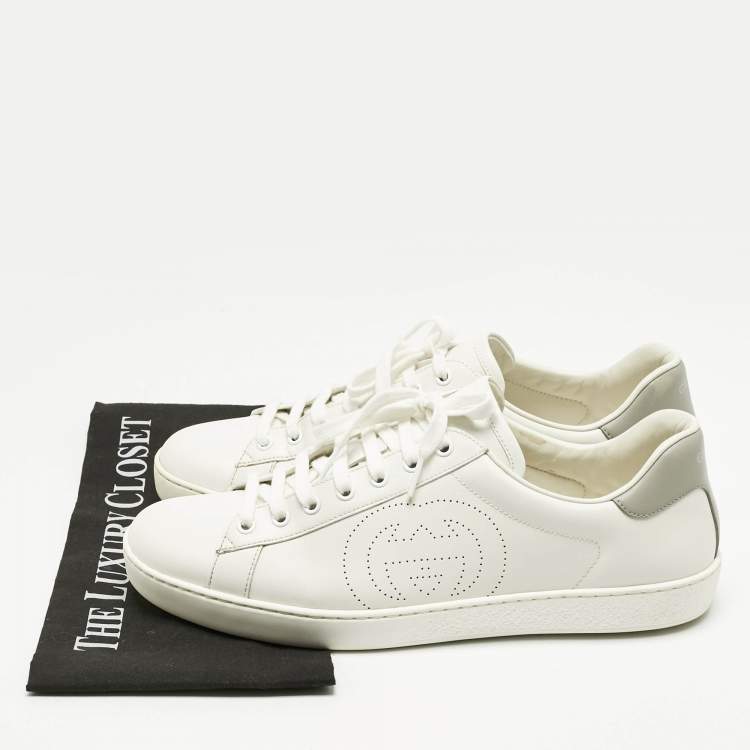 Pre Owned Gucci White/Grey Leather Perforated GG Ace Sneakers Size 44.5