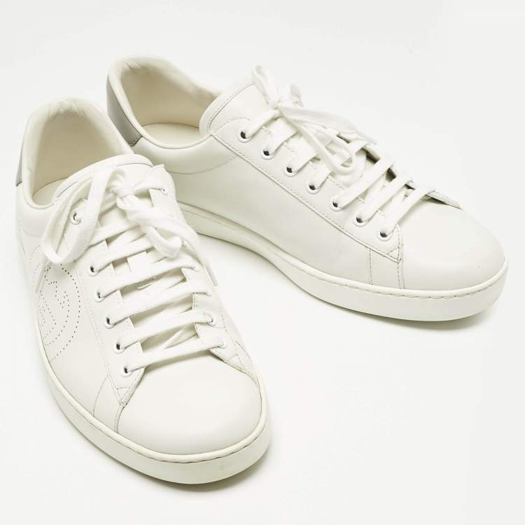 Pre Owned Gucci White/Grey Leather Perforated GG Ace Sneakers Size 44.5