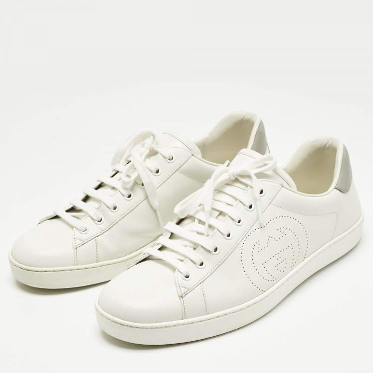 Pre Owned Gucci White/Grey Leather Perforated GG Ace Sneakers Size 44.5