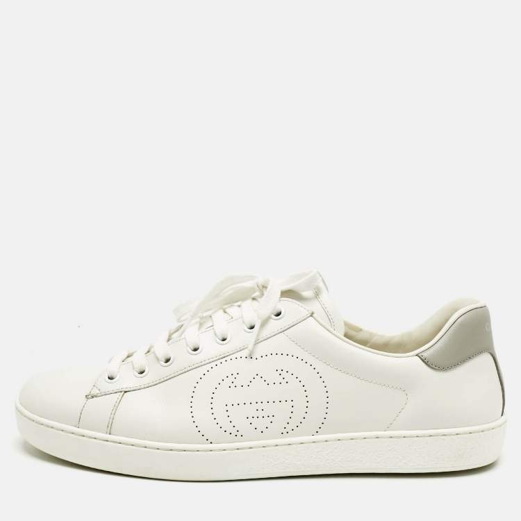Pre Owned Gucci White/Grey Leather Perforated GG Ace Sneakers Size 44.5
