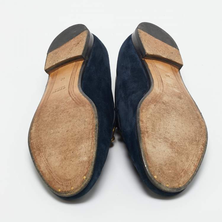 Pre Owned Gucci Blue Leather and Suede Jordaan  Horsebit Loafers Size 40