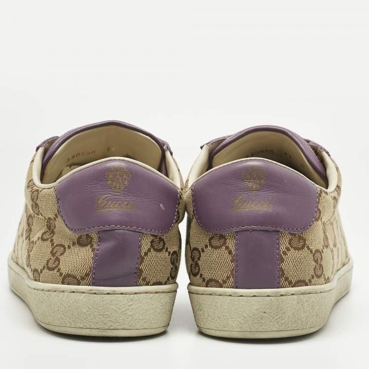 Pre Owned Gucci Beige/Purple Canvas and Leather Guccissima Lace Up Sneakers Size 41