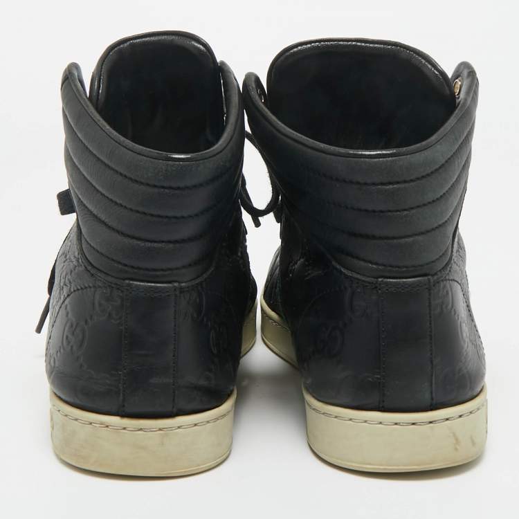Pre Owned Gucci Black Guccissima Leather Web Detail High-Top Sneakers Size 40