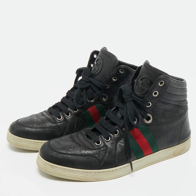 Pre Owned Gucci Black Guccissima Leather Web Detail High-Top Sneakers Size 40