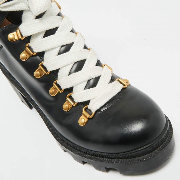 Pre Owned Gucci Black Leather Sylvie Ankle Length Boots Size 39
