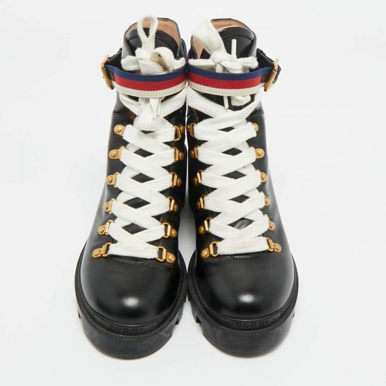 Pre Owned Gucci Black Leather Sylvie Ankle Length Boots Size 39