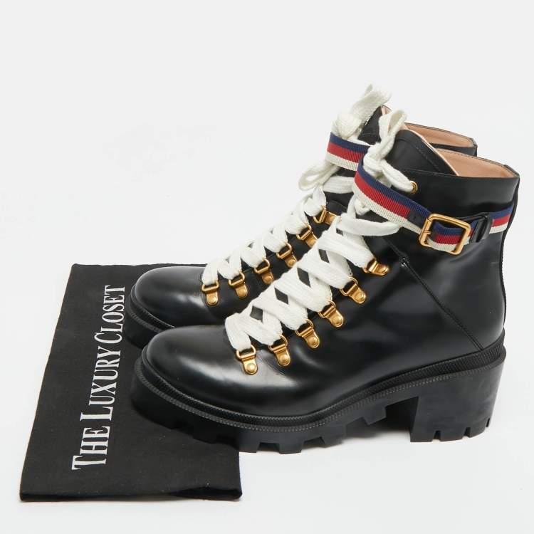 Pre Owned Gucci Black Leather Sylvie Ankle Length Boots Size 39