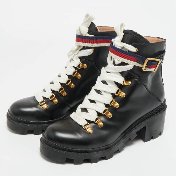 Pre Owned Gucci Black Leather Sylvie Ankle Length Boots Size 39