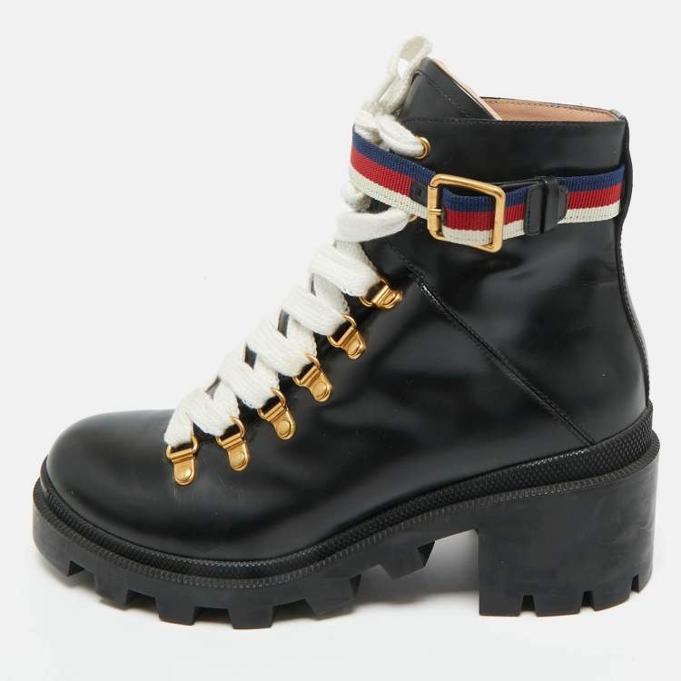 Pre Owned Gucci Black Leather Sylvie Ankle Length Boots Size 39