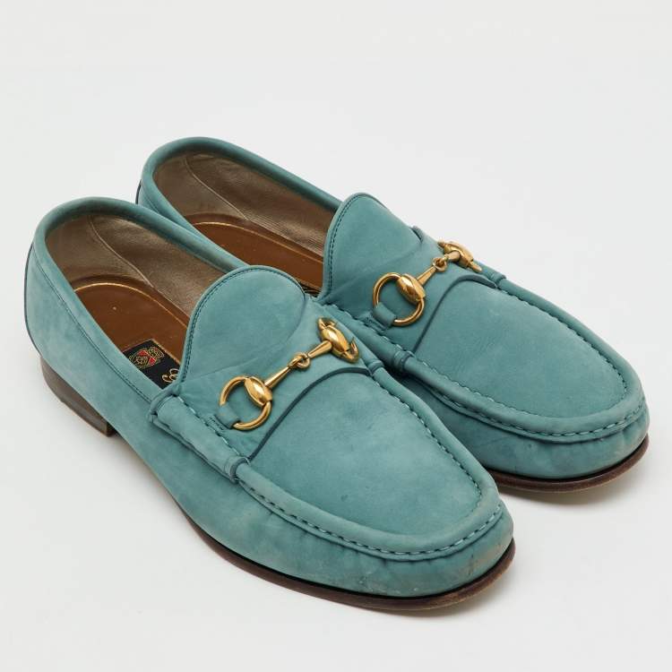 Pre Owned Gucci Sea Green Nubuck Leather 1953 Horsebit Slip On Loafers Size 41