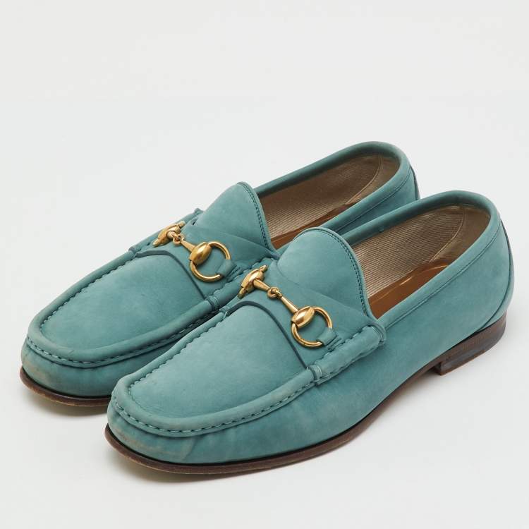 Pre Owned Gucci Sea Green Nubuck Leather 1953 Horsebit Slip On Loafers Size 41