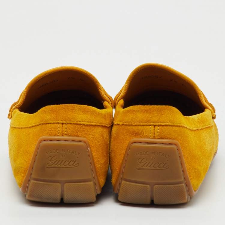 Pre Owned Gucci Yellow Suede Interlocking G Slip On Driving Loafers Size 41.5