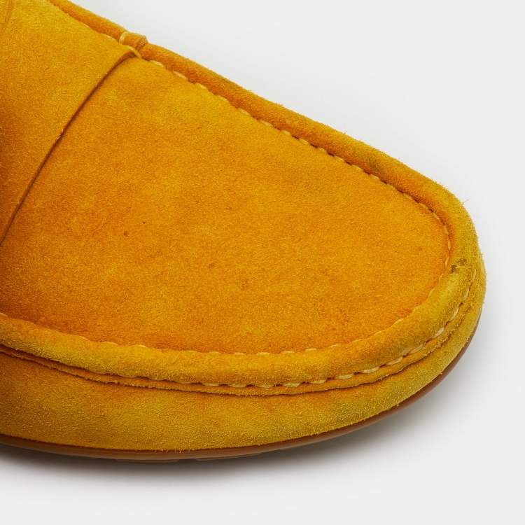 Pre Owned Gucci Yellow Suede Interlocking G Slip On Driving Loafers Size 41.5