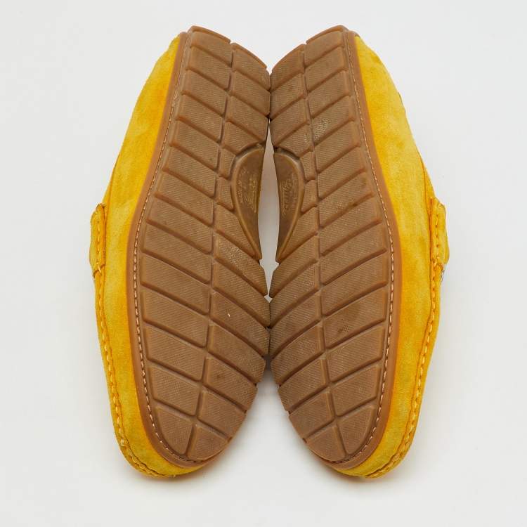 Pre Owned Gucci Yellow Suede Interlocking G Slip On Driving Loafers Size 41.5