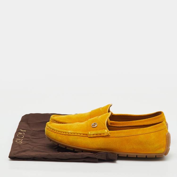 Pre Owned Gucci Yellow Suede Interlocking G Slip On Driving Loafers Size 41.5