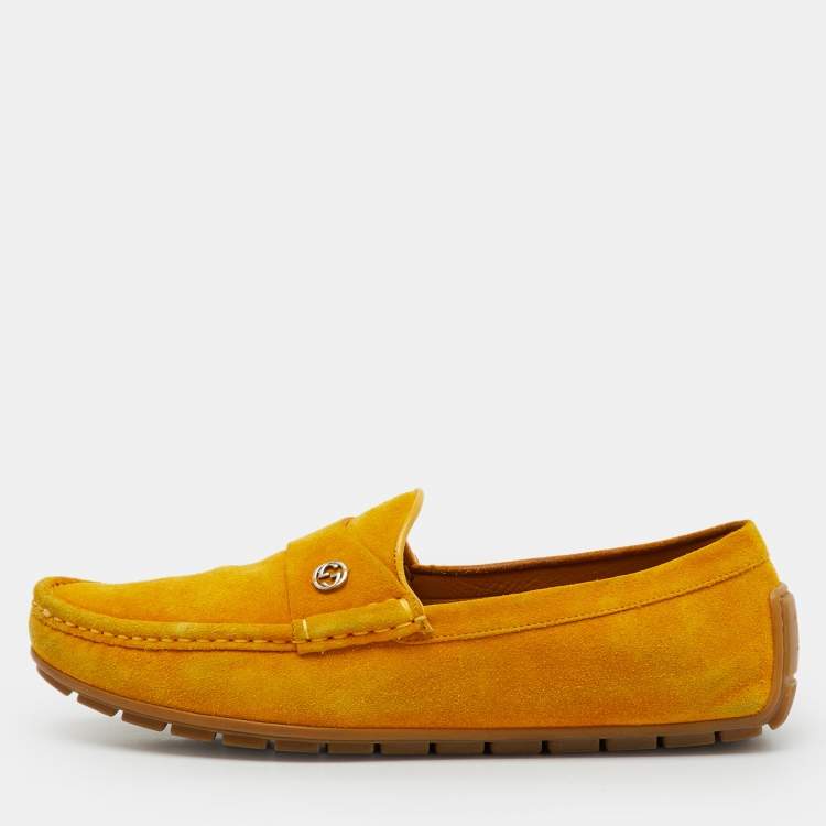 Pre Owned Gucci Yellow Suede Interlocking G Slip On Driving Loafers Size 41.5