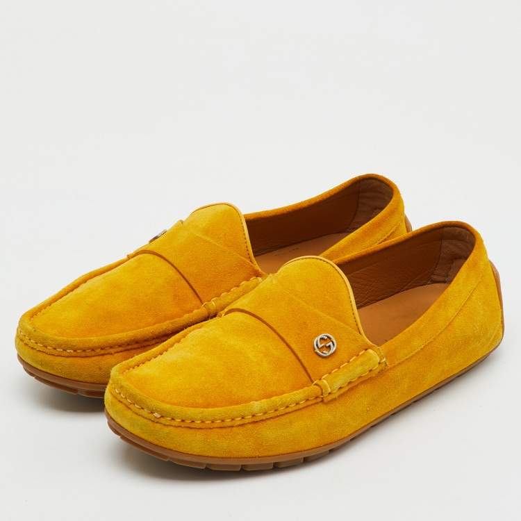 Pre Owned Gucci Yellow Suede Interlocking G Slip On Driving Loafers Size 41.5