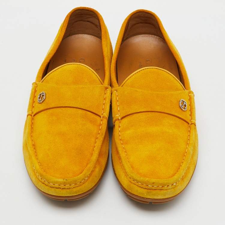 Pre Owned Gucci Yellow Suede Interlocking G Slip On Driving Loafers Size 41.5