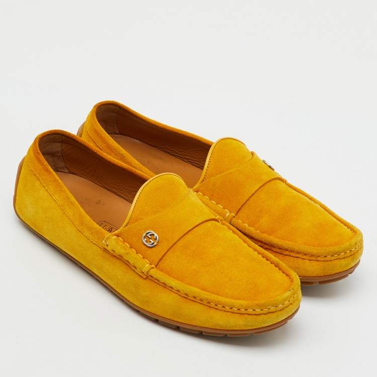 Pre Owned Gucci Yellow Suede Interlocking G Slip On Driving Loafers Size 41.5