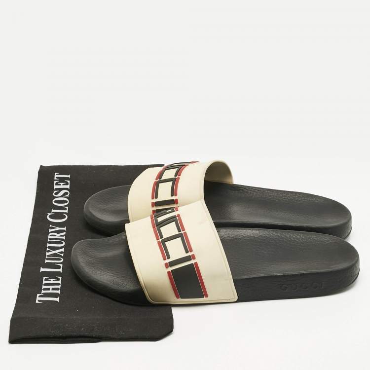 Pre Owned Gucci Cream Rubber Logo Pool Slides Size 44