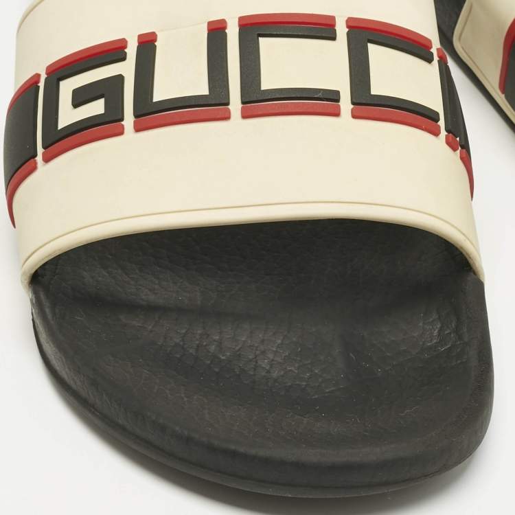 Pre Owned Gucci Cream Rubber Logo Pool Slides Size 44
