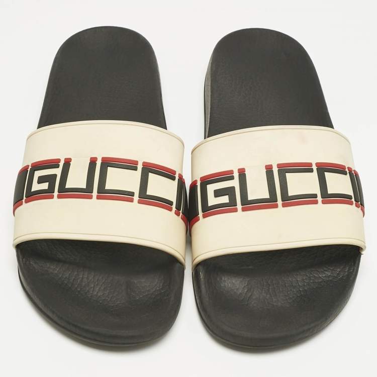 Pre Owned Gucci Cream Rubber Logo Pool Slides Size 44