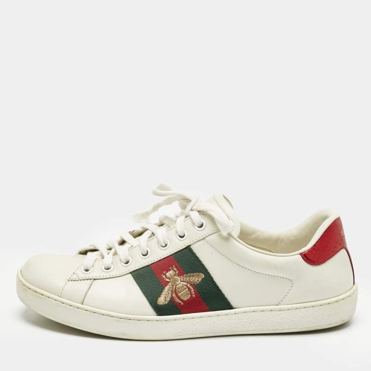 Pre Owned Gucci White Leather and Snakeskin Embossed Leather Ace Lace Up Sneakers Size 40
