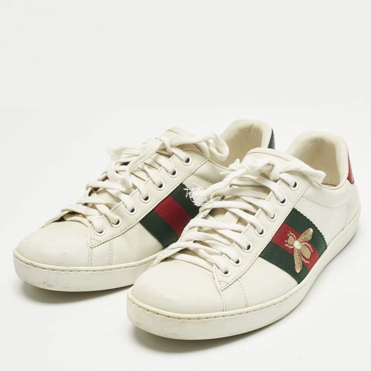 Pre Owned Gucci White Leather and Snakeskin Embossed Leather Ace Lace Up Sneakers Size 40