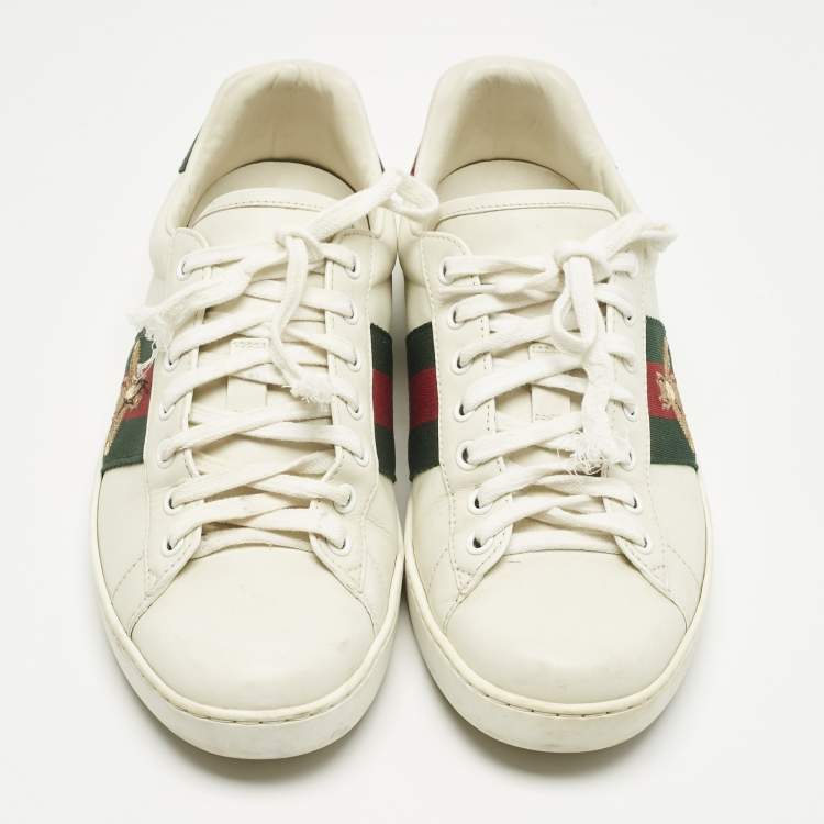 Pre Owned Gucci White Leather and Snakeskin Embossed Leather Ace Lace Up Sneakers Size 40