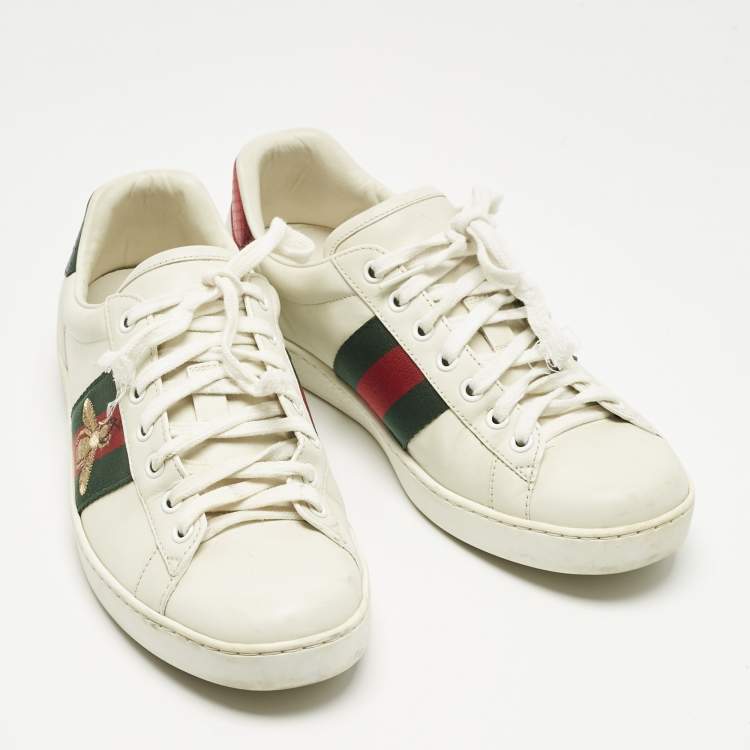 Pre Owned Gucci White Leather and Snakeskin Embossed Leather Ace Lace Up Sneakers Size 40