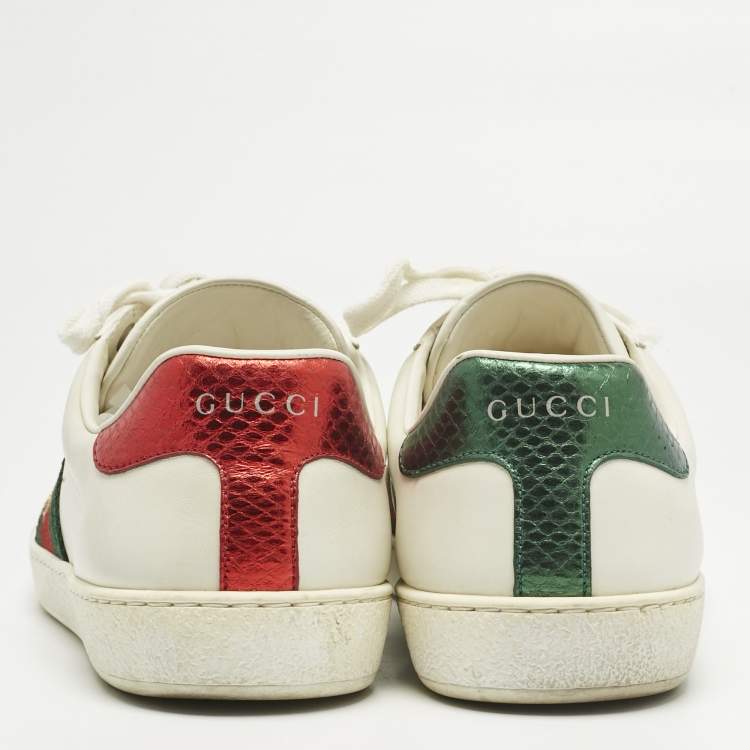 Pre Owned Gucci White Leather and Snakeskin Embossed Leather Ace Lace Up Sneakers Size 40