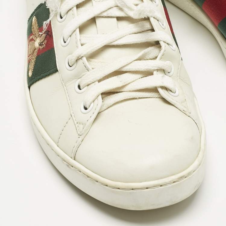 Pre Owned Gucci White Leather and Snakeskin Embossed Leather Ace Lace Up Sneakers Size 40