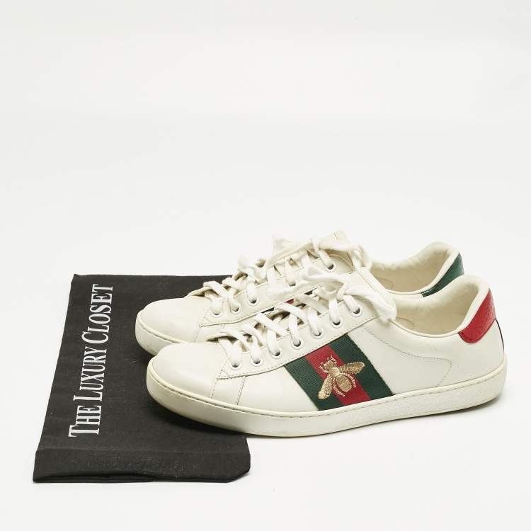 Pre Owned Gucci White Leather and Snakeskin Embossed Leather Ace Lace Up Sneakers Size 40
