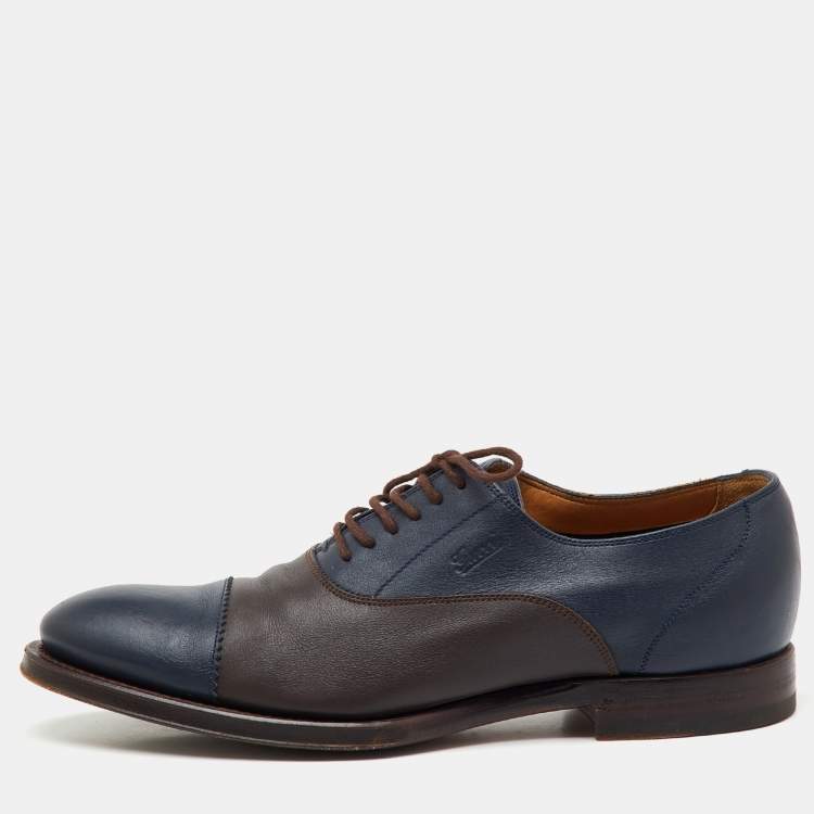 Pre Owned Gucci Navy Blue/Dark Brown Leather Lace Up Oxfords Size 41