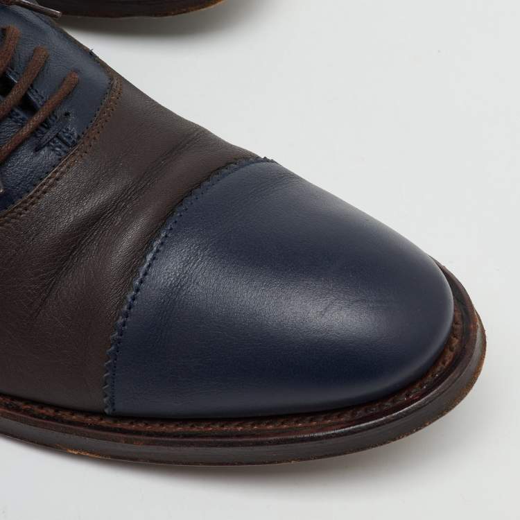Pre Owned Gucci Navy Blue/Dark Brown Leather Lace Up Oxfords Size 41