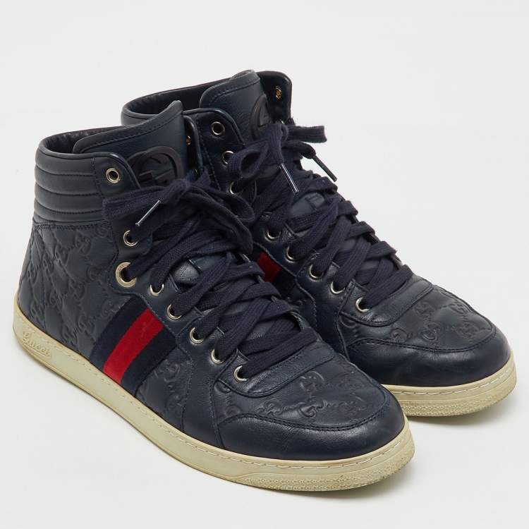 Pre Owned Gucci Navy Blue Guccissima Leather Web Detail High Top Sneakers Size 41.5