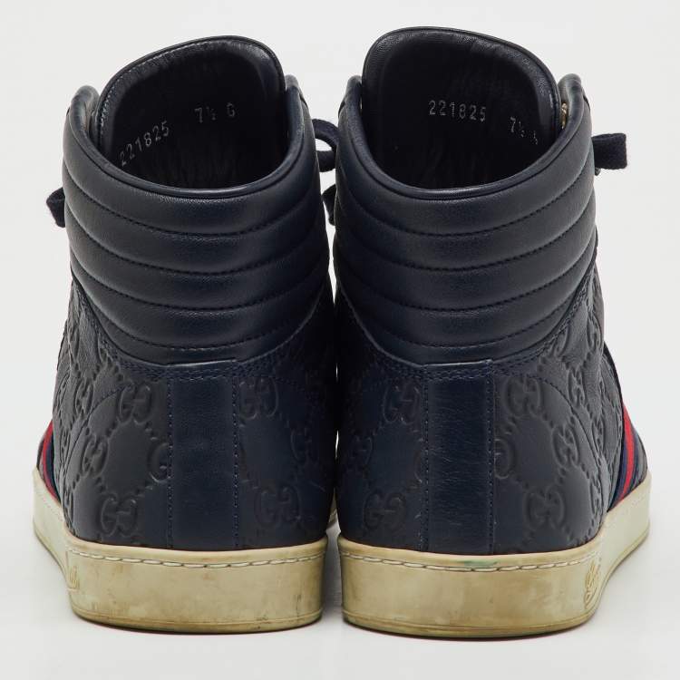 Pre Owned Gucci Navy Blue Guccissima Leather Web Detail High Top Sneakers Size 41.5