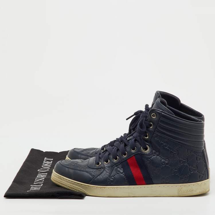 Pre Owned Gucci Navy Blue Guccissima Leather Web Detail High Top Sneakers Size 41.5